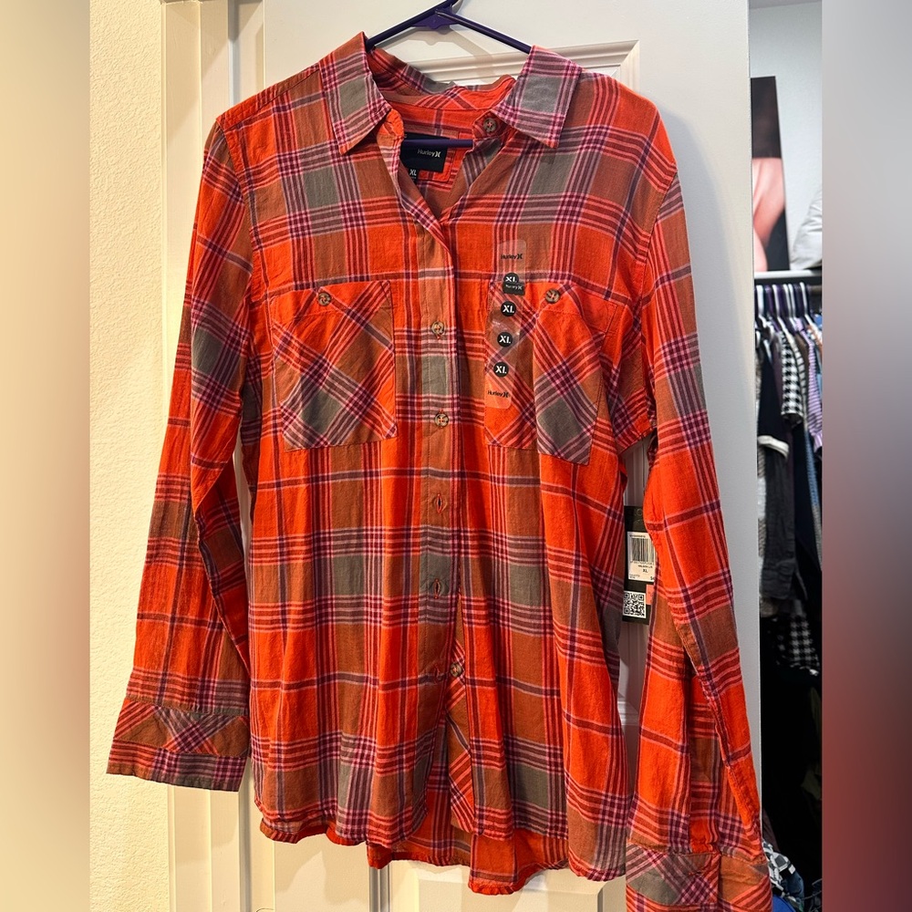 Hurley Vibrant Orange and Pink Plaid Shirt XL
